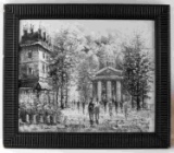 FRAMED GRAYSCALE OIL ON BOARD PAINTING OF TOWN