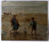 SIGNED OIL ON CANVAS CHILDREN ON BEACH SCENE