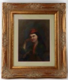 BUST LENGTH OIL PORTRAIT OF WOMAN WEARING RED CAP