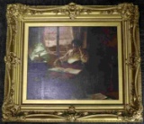 FRAMED OIL ON CANVAS PAINTING OF MAN IN STUDY
