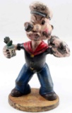 ANTIQUE CAST IRON PAINTED POPEYE COIN BANK W BASE