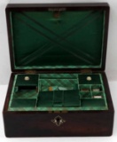SMALL WOOD VINTAGE SEWING KIT IN WOODEN CHEST