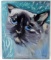 PAINTING OF BLUE EYED CAT AGAINST BLUE BACKGROUND