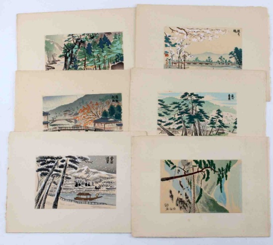 SET OF SIX WOODBLOCK PRINTS W GOUACHE DETAILING