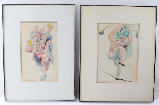 PAIR WATERCOLOR JESTER PAINTINGS LAWRENCE ANTHONY