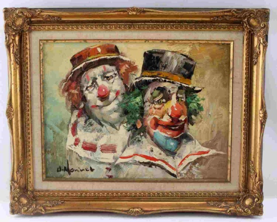 WILLIAM MONINET PAINTING OF TWO EXPRESSIVE CLOWNS