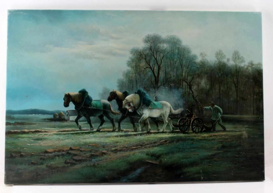 OIL ON CANVAS PAINTING OF FARMER DRIVING HORSES