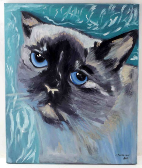PAINTING OF BLUE EYED CAT AGAINST BLUE BACKGROUND