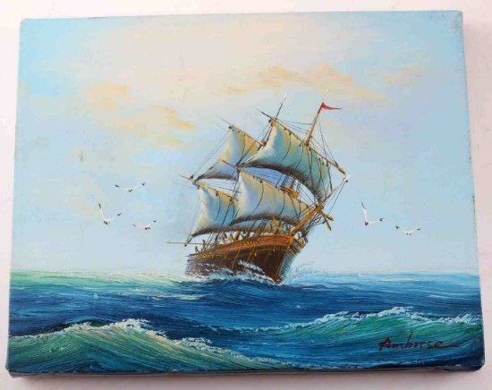 OIL ON CANVAS NAUTICAL PAINTING SHIP AT SEA