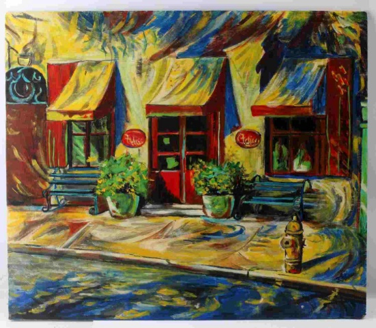 J. FELICE BRIGHTLY COLORED OIL ON BOARD CITY SCENE
