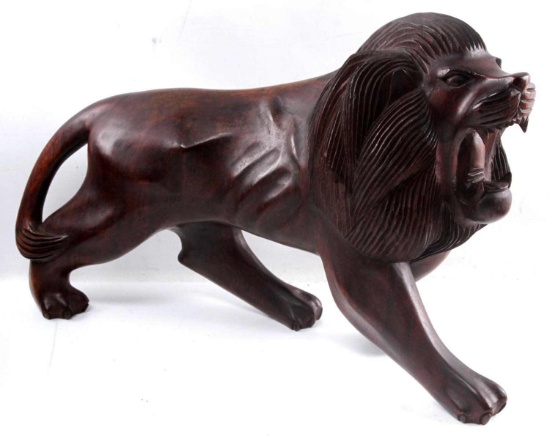 CARVED STANDING ROARING MAHAGONY WOOD LION