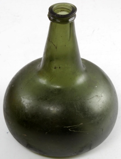 19TH CENTURY OPEN PONTIL GREEN ONION MALLET BOTTLE