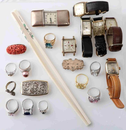 SMALL LOT COSTUME JEWELRY RINGS WATCHES BROOCHES
