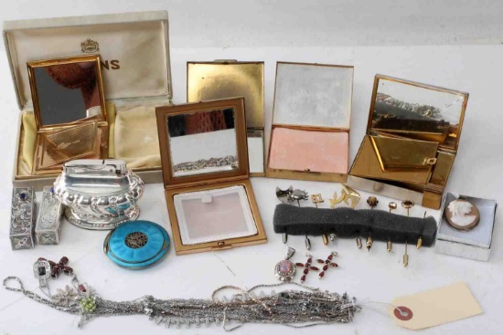 LOT COSTUME & STERLING JEWELRY COMPACTS & MORE