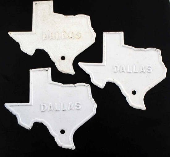 THREE WHITE VINTAGE TEXAS LICENSE PLATE TOPPERS
