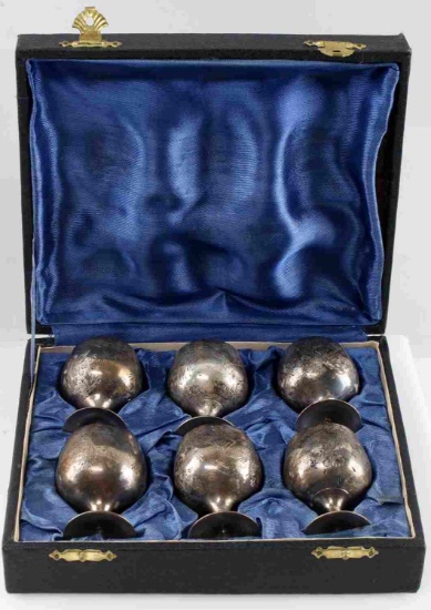 SET OF 6 ETCHED EPNS SILVER PLATE CORDIALS
