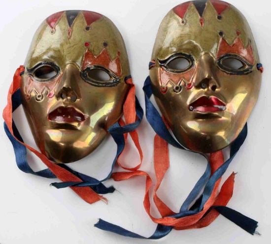 PAIR OF VINTAGE VENETIAN STYLE PAINTED BRASS MASKS