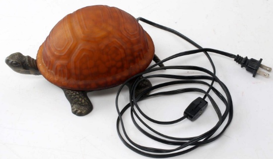 GLASS & METAL AMBER TONED WORKING TURTLE LAMP
