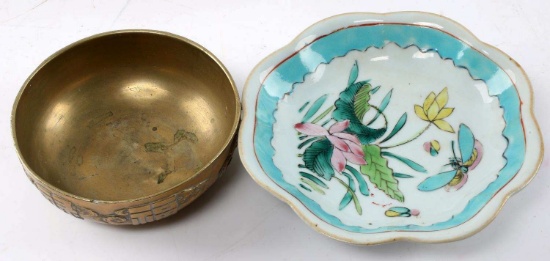 2 ANTIQUE ASIAN BOWLS 1 PORCELAIN 1 BRASS
