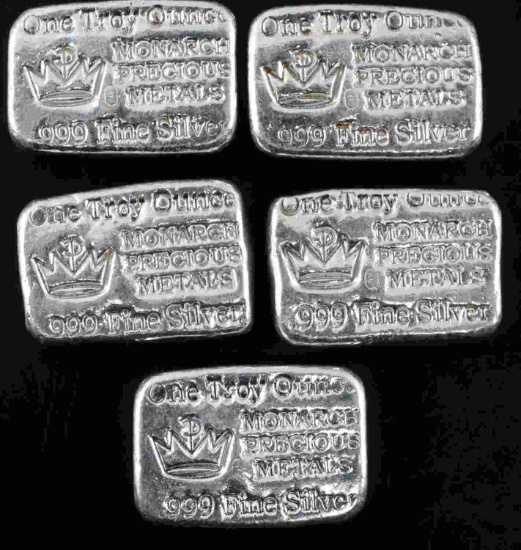 MONARCH 1 OUNCE TROY .999 FINE SILVER BAR LOT OF 5