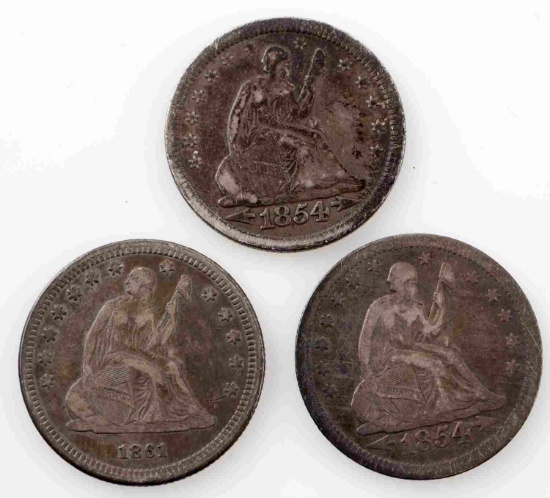 3 SEATED LIBERTY QUARTERS 2 1854 1 1861 F VF COINS