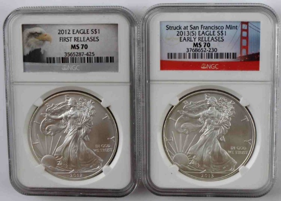 LOT OF 2 MS70 NGC AMERICAN SILVER EAGLE COINS
