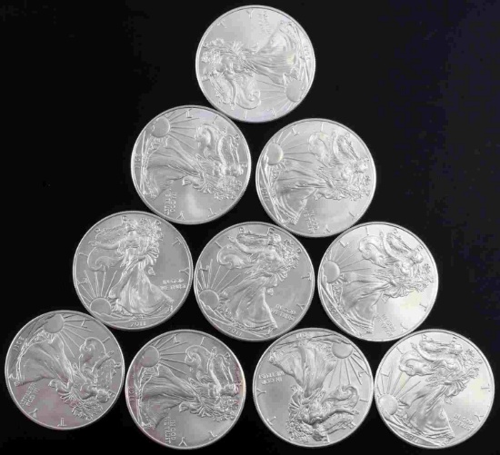 10 2011 .999 FINE SILVER AMERICAN EAGLE COIN LOT