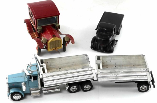 LOT OF THREE TOY TRUCKS & CARS VINTAGE TIN TOURING