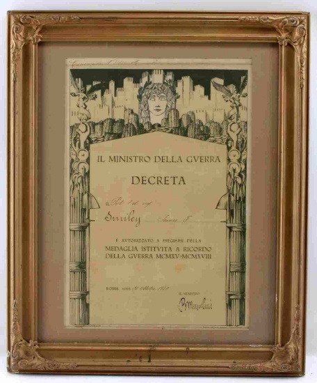 FRAMED WWI ITALIAN ARMY SERVICE MEDAL CITATION