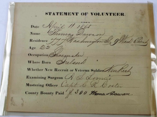 CIVIL WAR UNION 1865 VOLUNTEER ENLISTMENT DOCUMENT