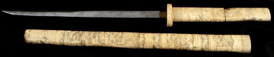 ANTIQUE JAPANESE TANTO LONG KNIFE WITH BONE SAYA