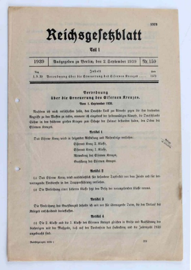 WWII GERMAN IRON CROSS REICHSGELTZBLATT DOCUMENT