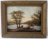 OIL ON BOARD FRAMED PAINTING OF RIVER & BOAT