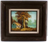 FRAMED SIGNED PAINTING OF SMALL HOUSE & LANDSCAPE
