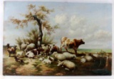 OIL ON CANVAS COWS & SHEEP IN FIELD UNFRAMED