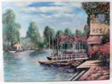 IMPRESSIONISTIC PAINTING BOATS IN WATER FLOWERS
