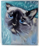 PAINTING OF BLUE EYED CAT AGAINST BLUE BACKGROUND