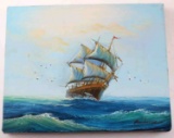 OIL ON CANVAS NAUTICAL PAINTING SHIP AT SEA