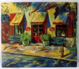 J. FELICE BRIGHTLY COLORED OIL ON BOARD CITY SCENE