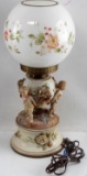 VINTAGE WOOD & CERAMIC LAMP W PUTTI & FLOWERS