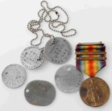 WWI US ARMY ID DOG TAG LOT OF FIVE & VICTORY MEDAL
