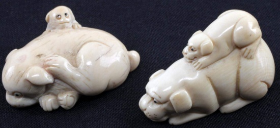 2 MAMMOTH TUSK DOG WITH PUPPY ANTIQUE NETSUKE