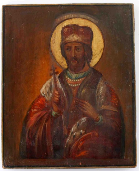 ANTIQUE 19TH C RUSSIAN ICON OF ALEXANDER NEVSKY