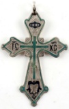 19TH C RUSSIAN 84 SILVER ENAMEL CROSS W GREEN