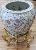 LARGE VINTAGE CHINESE LACQUERED FISH BOWL W STAND