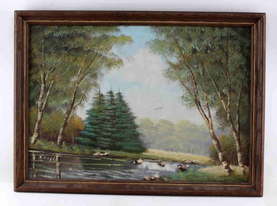 OIL ON CANVAS SIGNED & FRAMED WOODED LANDSCAPE