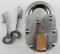 HEAVY VINTAGE LOCK AND PAIR OF SKELETON KEYS