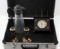METAL CASE WITH 1863 CLOCK DECANTER CANDLESTICKS
