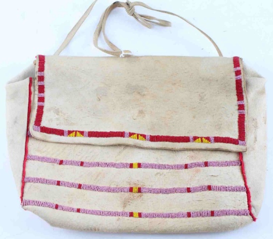 NATIVE AMERICAN LEATHER SEED BEADED DOCUMENT BAG