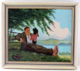 FRAMED FOLK ART PRIMITIVE STYLE LANDSCAPE PORTRAIT